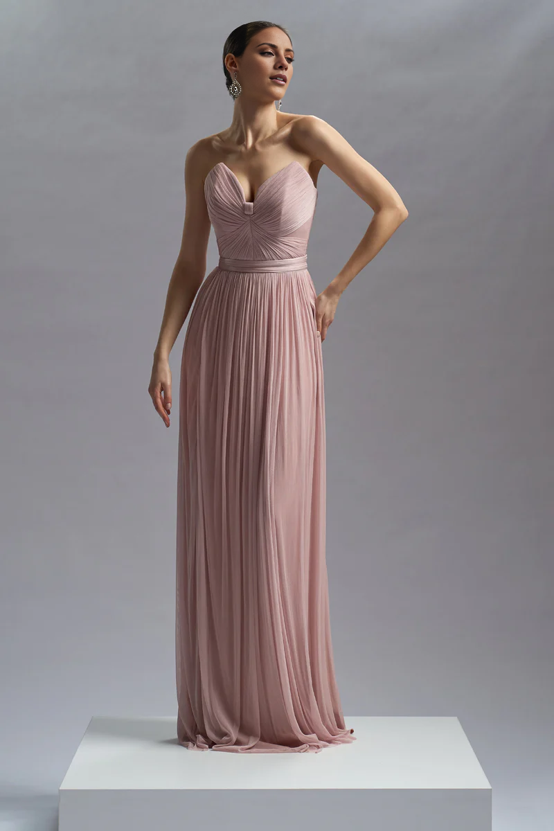Abito da sera lungo in chiffon plissettato a trapezio con spacco e lunghezza al pavimento
